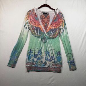 Crimson Ivy Hooded Boho Tunic Top Medium Multicolor Paisley Empire Waist USA